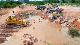 Massive Project! Skillful Operator Bulldozer Push Rocks Drop To Water Komatsu D65E,D61EX