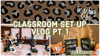 CLASSROOM SET UP DAY 1 | First year teacher classroom set up! My 1st classroom!| Kayla Victoria