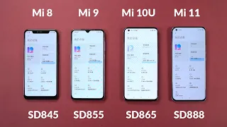 Mi 11 VS Mi 10 Ultra VS Mi 9 VS Mi 8 - SD845 VS SD855 VS SD865 VS SD888 || SPEED COMPARISON