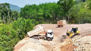 Amazing Engineering Hill Road Construction, Bulldozer Pushing Stone Mountain with DumpTruck SHACMAN