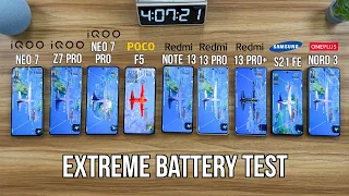 Redmi Note 13 Pro+ vs iQOO Neo 7 Pro vs Poco F5 vs S21 FE 5G / Nord 3 / Note 13 Pro Battery Test 🔥