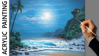 Аcrylic Landscape Painting - Full Moon Ocean / Easy Art / Drawing Lessons / Relaxing / Пейзаж море