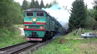 МОЩЬ И СИЛА 10Д100! 2ТЭ10В-4907 и ТЭМ2-999 с грузовым поездом на затяжном подъёме в лесной глуши