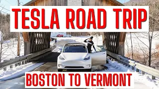 Road trip Boston to Vermont - Tesla Model Y drives in snow through mountains