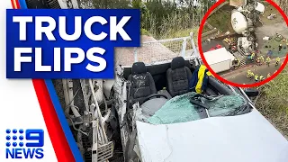 Two seriously injured after truck flips in crash with cement mixer | 9 News Australia