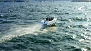 Electric boat flying over waves | Candela C-7 hydrofoil sea trials