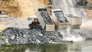 Watch Fantastic Dump Truck Dumping Rocks into Deep Water While Bulldozer Pushes and Clears Rocks