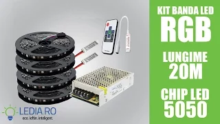 Kit banda led rgb 5050 12v lungime 20m, sursa alimentare si controller inclus - www.ledia.ro