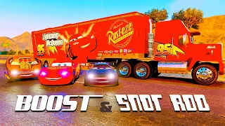 Crazy race and chase with Mack the Truck, Lightning McQueen, Boost and Snot Rod Cars