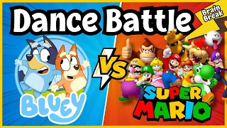 Dance Battle: Bluey VS Super Mario | Brain Break | Just Dance | PE warmup | GoNoodle inspired