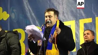 Former Georgian president Saakashvili visits protesters in central square