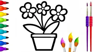 How to draw flowers with vase for kids and Toddlers| Flower vase drawing, painting and Coloring