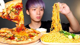 ASMR CHEESY SPICY FIRE NOODLES + CHICKEN PRAWN PIZZA 🍕 (Eating Sound) | MAR ASMR