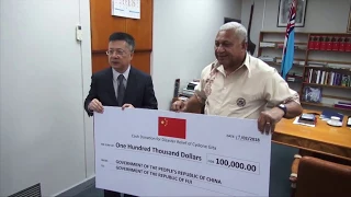 Fijian Prime Minister receives cheque donation from Chinese Ambassador H.E Qian Bo