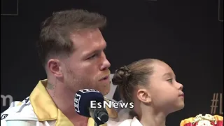 Canelo’s daughter has her dad’s back sticking her tongue at Bivol at today’s press conference
