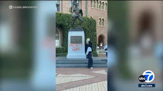 Pro-Palestinian demonstrators return to USC for another on-campus protest; statue vandalized