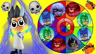 PJ Masks Spin the Wheel Game where Owelette, Catboy, Gekko, Romeo & Luna Girl get Toy Surprises!