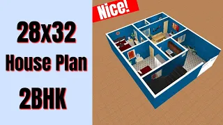 28x32 House Plan 2bhk || 2BHK Small House Design || 900 SQFT House Design || 3D House Design