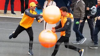 Daniel Ricciardo wiping Lando Norris out with a space hopper - full video