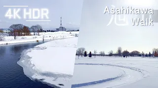 Ambient winter dam & spacious snow park in Asahikawa, Hokkaido, Japan | 4K HDR