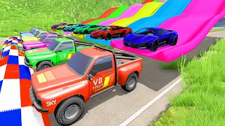 Monster Trucks vs Slide Color Stair Color with Portal Trap - Cars vs Giant Pit | HT Gameplay Crash