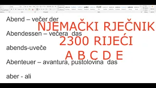 NJEMAČKI RJEČNIK 2300 RIJEČI PO ABECEDI  1  DIO SLOVA A - B - C - D - E