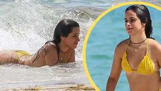 CHEEKY!  Camila Cabello sent temperatures soaring in a thong bikini in Miami Beach