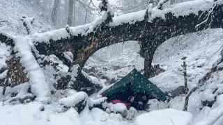 3 days of surviving in a snowstorm under a tree and overnight camping