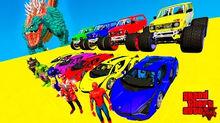 Spiderman & Super Heroes Race In Mega Ramps Against Giant Godzilla By Monster Truck & Super Cars
