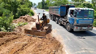 Incredible Project Landfill & Good Action By D31P Dozer Pushing Soil & 5Ton Truck Unloading Soil