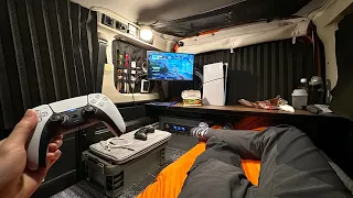 Gaming car camping in a light van