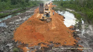 Amazing Bulldozer Pushing Soil And Dump Truck Unloading Soil Building New Road Construction