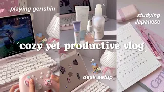 cozy yet productive vlog🍵📃studying, playing genshin, cleaning +redoing desk, skincare, anime + more