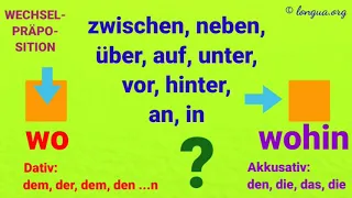 A1, A2, B1, B2, C1, Übungen, Präpositionen, Akkusativ, Dativ, Wechselpräpositionen, vor, an, in, auf