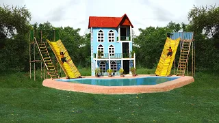 Build Twin Palm Branches Slide Both sides of the Beautiful 3 Story Villa Go Swimming Pool