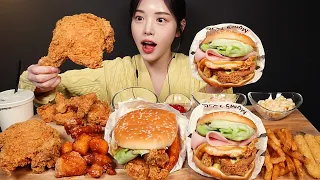 SUB)맘스터치 불싸이버거 인크레더블버거 후라이드통다리 떡강정 치즈스틱 치킨 먹방!🍔🍟🍗 햄버거 꿀조합 리얼사운드 Burgers & Chicken Mukbang Asmr