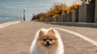 Cute Pomeranian exploring the seaside street