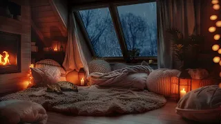 Rainy Attic Retreat - Cozy Space with Sleeping Cat and Fireplace