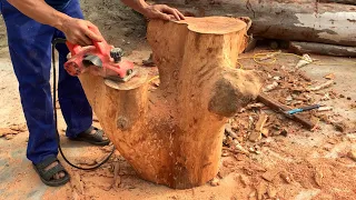 Unique And Strange Woodworking- Super Sturdy Table Made From Large Tree Stumps And Small Wooden Bars