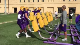 LSU DC Dave Aranda works with LBs on fumbles, engaging