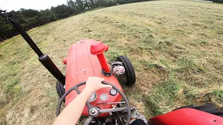 Massey Ferguson 35X w/ Multi-Power Turning Hay w. Spider Windrower | Grass Season 2021