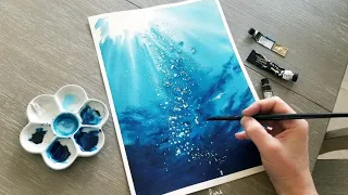 Simple Watercolor Underwater Scene Painting Demonstration /Sea Water/ Ocean
