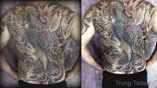Koi fish tattoo ( full back) done by Trung Tadashi Artist ( Cover - freehand)