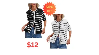 Womens striped short sleeve cardigans sweater