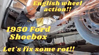 Let's figure out how to use an english wheel an make some lower quarters on this 1950 Ford Shoebox!!