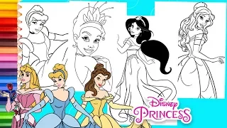 Disney Princess Cinderella, Belle, Jasmine & Tiana Coloring Pages for kids