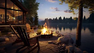 Crackling Fire Sounds with Lakeside Forest Scene | Fire Sounds for Deep Relaxation and Stress Relief