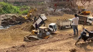 Episode2,ZoomLion Bulldozer,Dump truck Pushing Soil and Filland & Excavator Clearing Mud