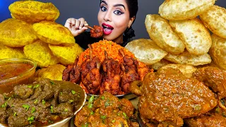 ASMR Eating Spicy Mutton Curry,Whole Chicken Curry,Rice,Lollipop,Poori Big Bites ASMR Eating Mukbang