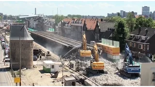 Treinviaduct van Delft gesloopt (Demolition train viaduct Delft)